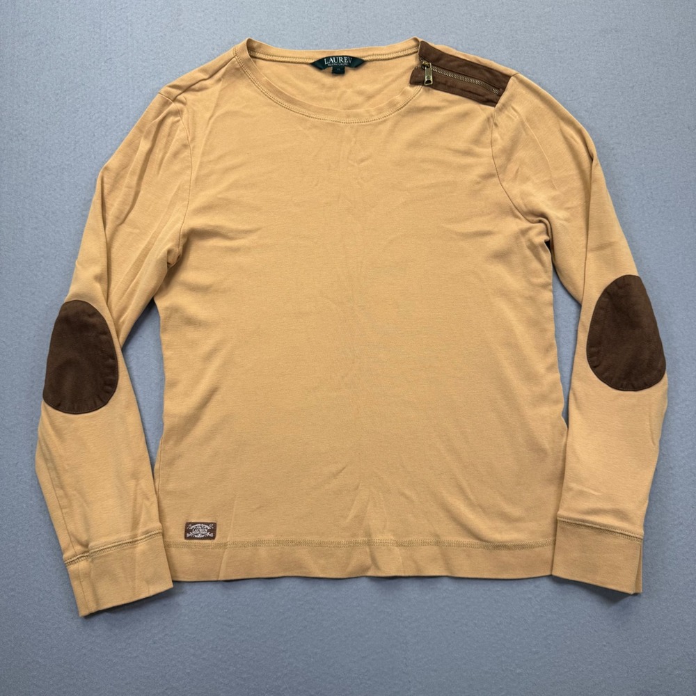 Lauren Ralph Lauren Tan Long Sleeve Shirt Zipper Shoulder Elbow Patches XL